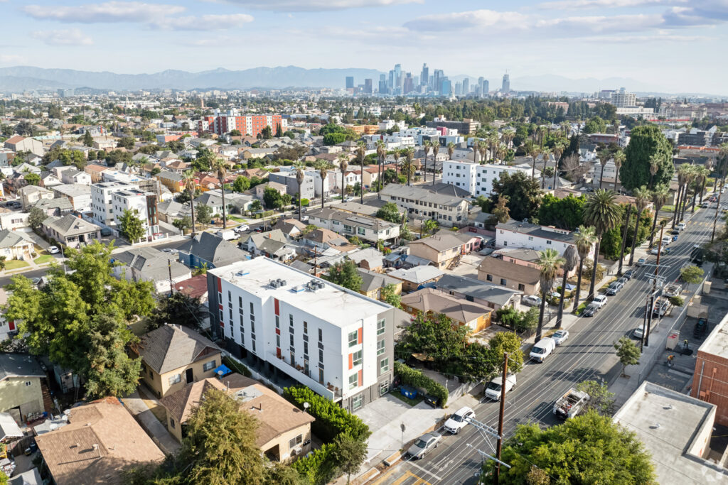 Aerial view of Nest Housing property near USC, set in a vibrant Los Angeles neighborhood.